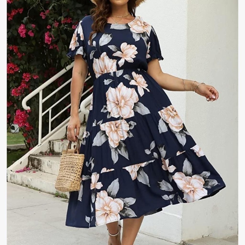 Women’s Puff Sleeve Tiered Floral Vintage Casual Dress Celkuser Blue Size 18